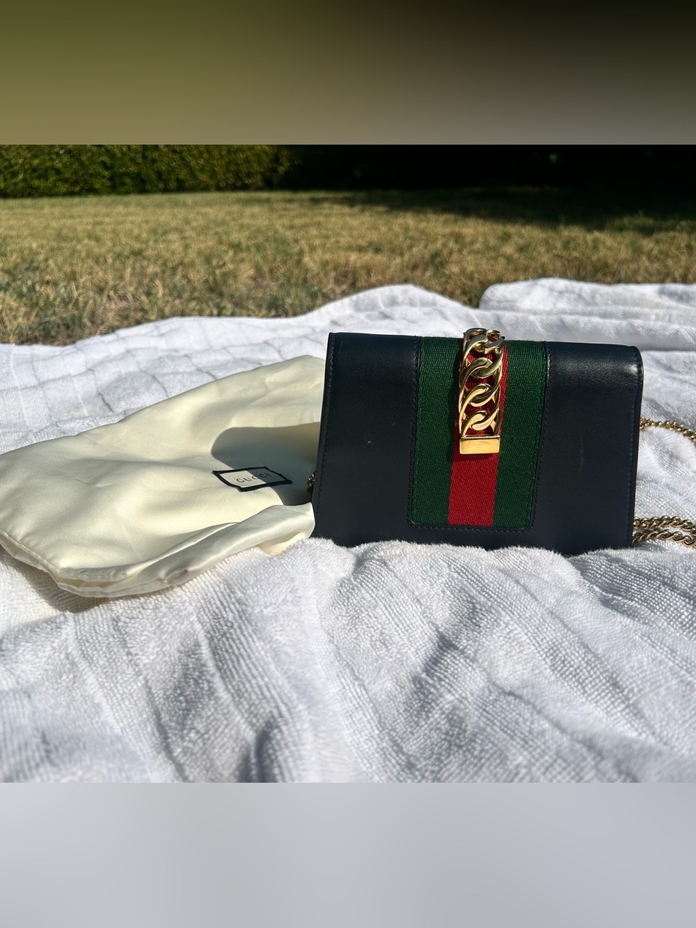 Gucci Sylvie Super Mini Black Leather Web Stripe Chain Bag